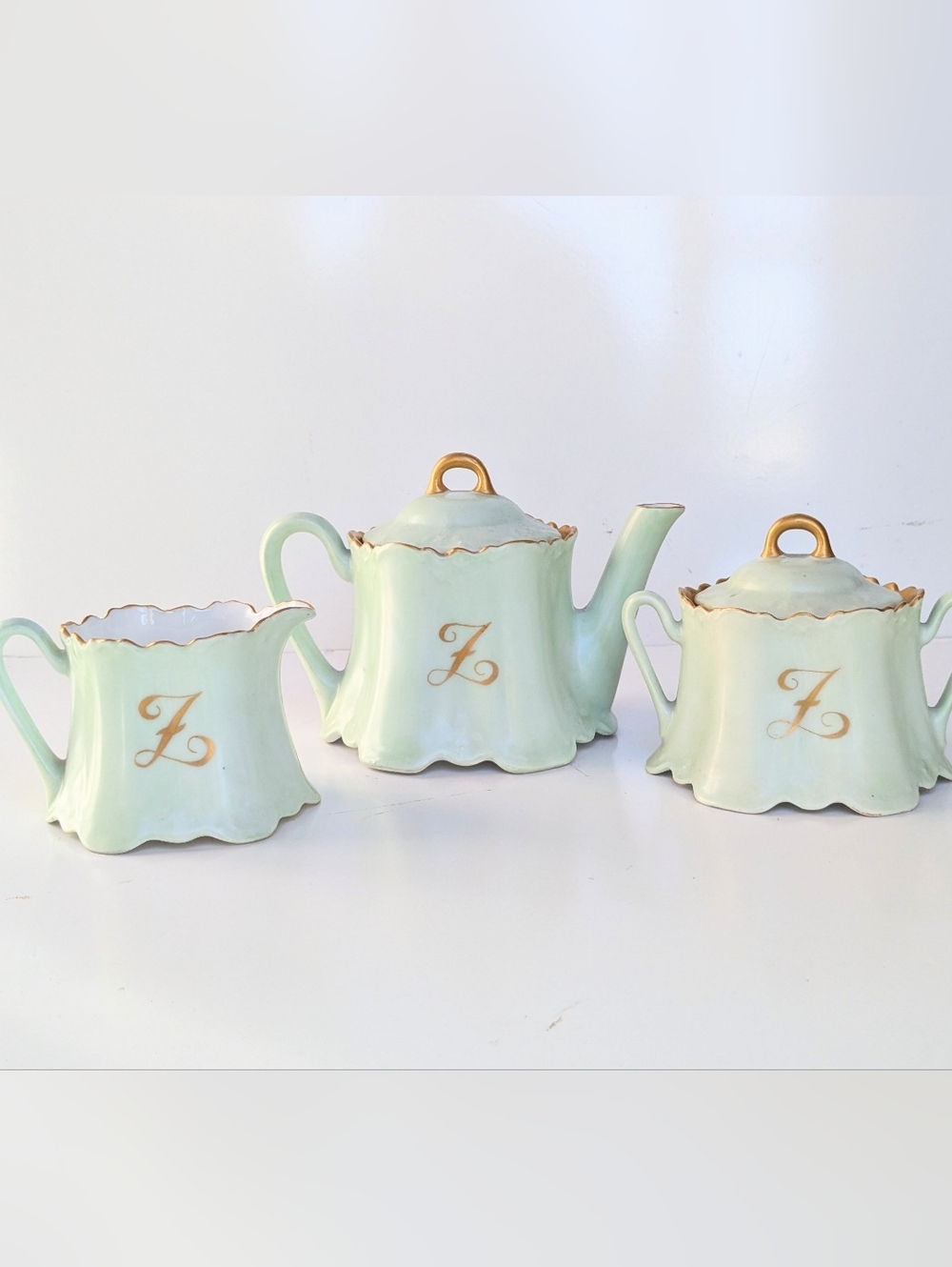 ✨ ANTIQUE Z.S. & Co Bavaria Tea Set - Mint Green Gold Monogram Z - 3pc ✨